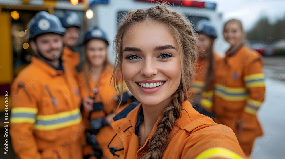 Group of emergency responders posing happily for a selfie. Group of emergency responders posing happily for a selfie.