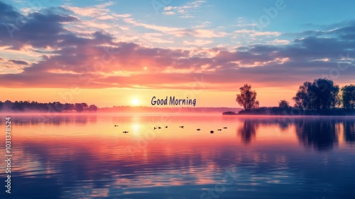 A tranquil postcard showing a serene sunrise over a calm lake, with the water reflecting the colors of the sky, and a simple "Good Morning" message.