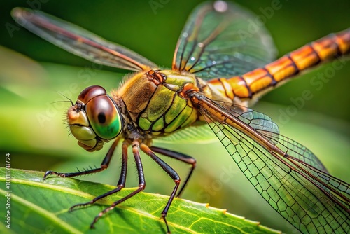 Close-up macro shot of a wild green and brown dragonfly photo