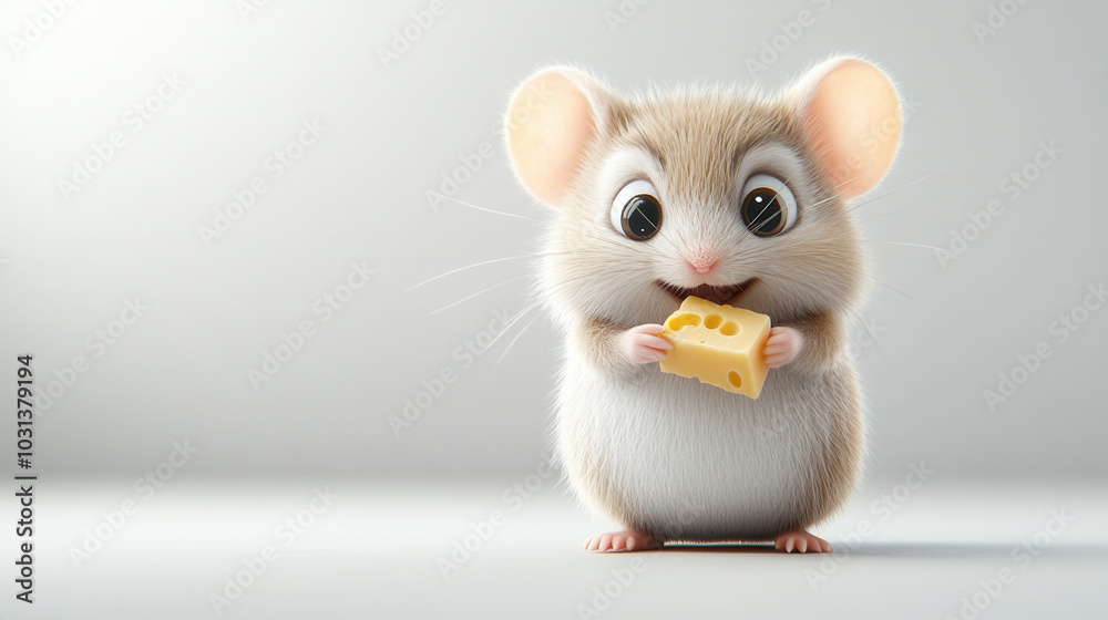 Cute cartoon style mouse holding piece of cheese, showcasing playful and joyful expression. This adorable character is perfect for childrens illustrations or fun designs