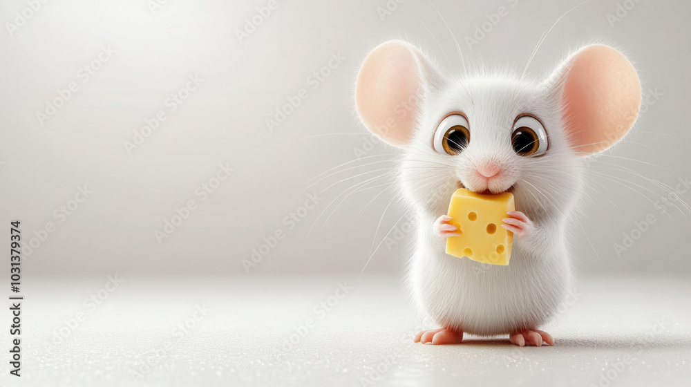 cute cartoon style mouse holds small piece of cheese, showcasing its big eyes and fluffy white fur. This adorable character brings sense of joy and playfulness cute cartoon style mouse holds small piece of cheese, showcasing its big eyes and fluffy white fur. This adorable character brings sense of joy and playfulness