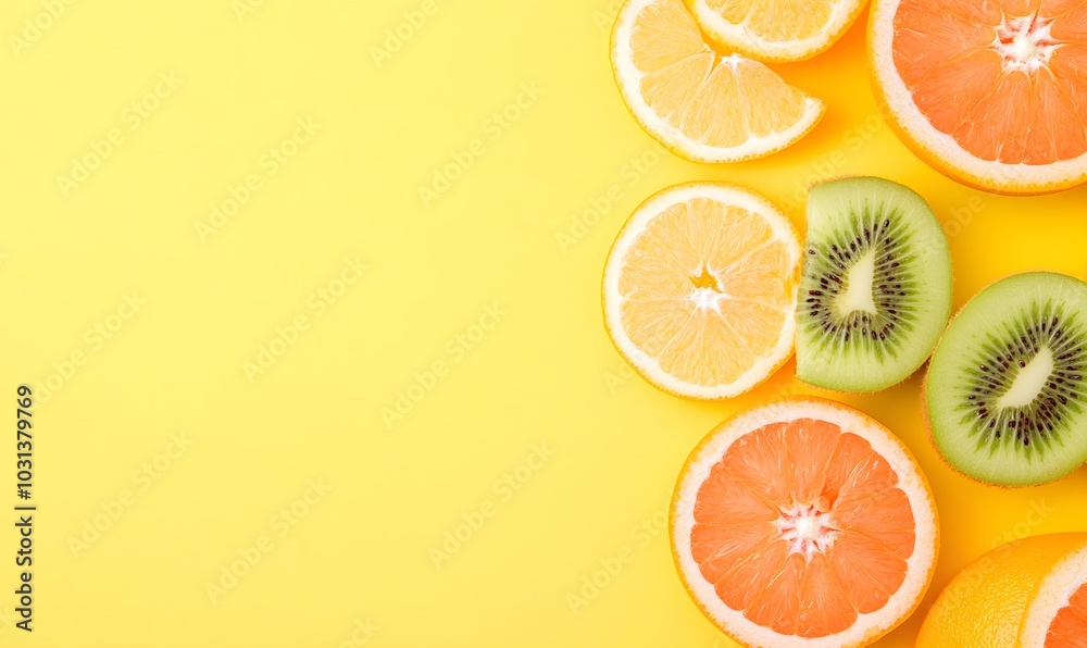Top view Sliced vibrant fresh fruits kiwi orange grapefruit and mandarin on a vivid color background, Generative AI Top view Sliced vibrant fresh fruits kiwi orange grapefruit and mandarin on a vivid color background, Generative AI