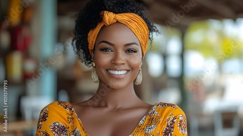A smiling woman in a vibran...