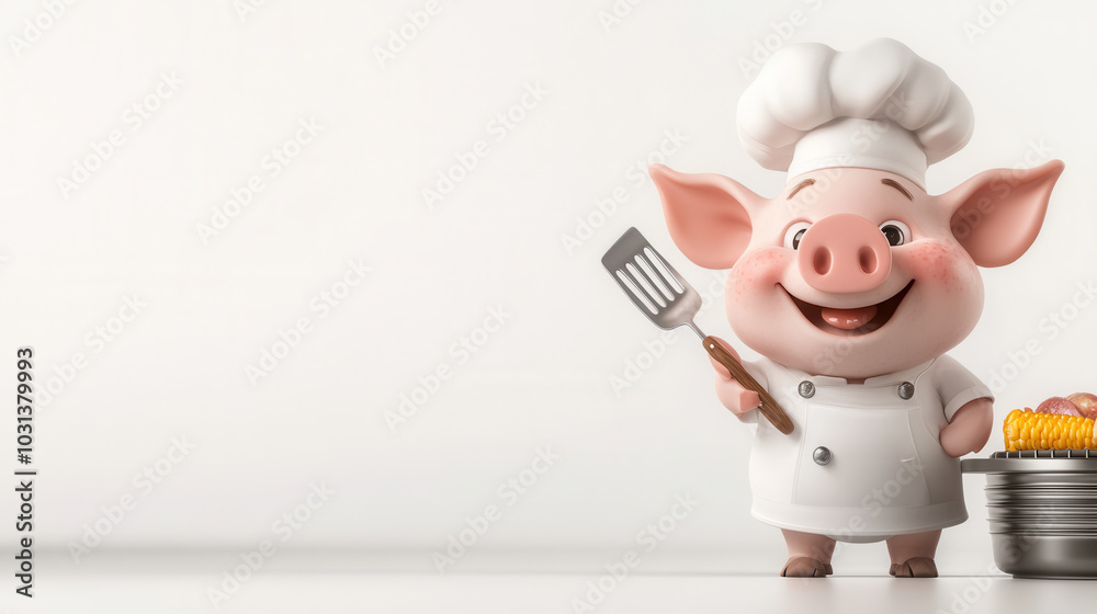 Cute cartoon style pig chef holding spatula, smiling joyfully in white kitchen. This delightful character embodies fun and playful cooking atmosphere