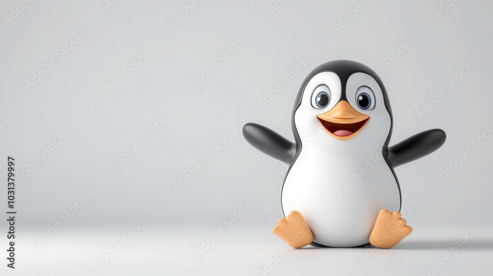 Obraz premium Cute cartoon style penguin with cheerful expression, sitting on smooth surface, ready to bring joy and fun to any setting