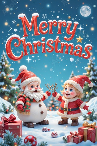 Chibi Santa and Child Joyfully Celebrating Christmas in Snowy Setting