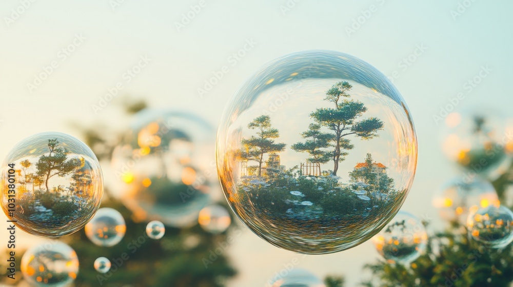 A whimsical composition of floating bubbles, each containing a miniature world, set against a dreamy gradient sky background. A whimsical composition of floating bubbles, each containing a miniature world, set against a dreamy gradient sky background.