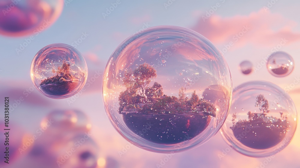 A whimsical composition of floating bubbles, each containing a miniature world, set against a dreamy gradient sky background. A whimsical composition of floating bubbles, each containing a miniature world, set against a dreamy gradient sky background.
