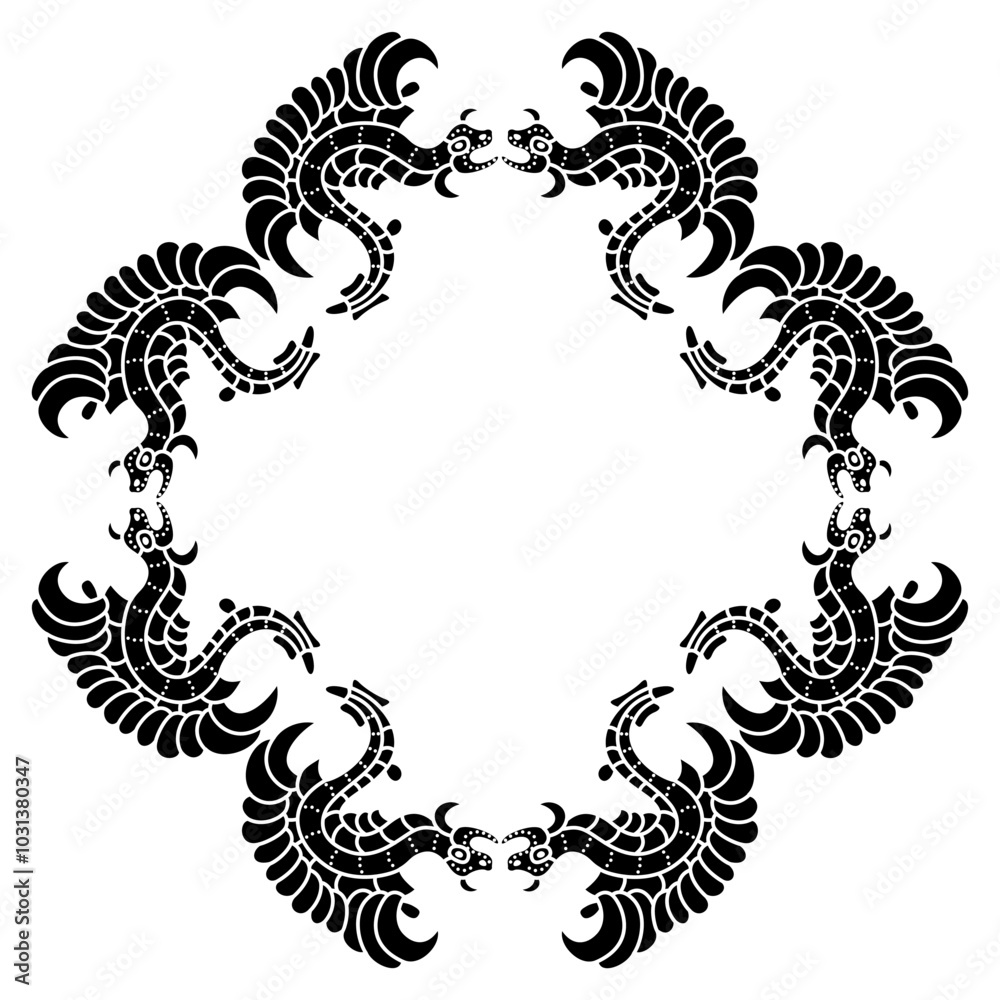 Geometrical ethnic frame with fantastic dragons. Border with feathered serpents. Native American motif of Mayan Indians. Black and white silhouette. Geometrical ethnic frame with fantastic dragons. Border with feathered serpents. Native American motif of Mayan Indians. Black and white silhouette.