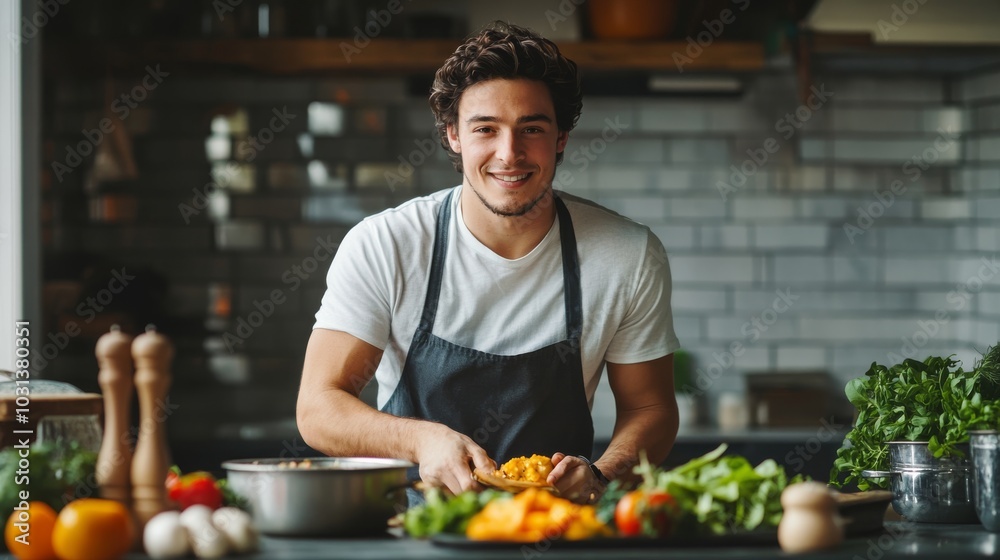 A cheerful young man in an apron prepares fresh ingredients in a modern kitchen, surrounded by vibrant vegetables and fruits. A cheerful young man in an apron prepares fresh ingredients in a modern kitchen, surrounded by vibrant vegetables and fruits.