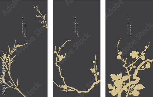 Set of hand drawn branch of flower in elegant style vector. Natural decoration with logo design, card design flyer or presentation in vintage style. black background.