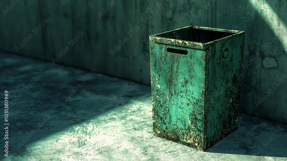 Aged green metal trash can in a dimly lit concrete space Aged green metal trash can in a dimly lit concrete space
