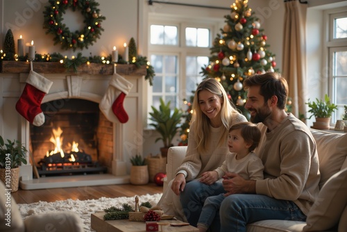 Family Celebrating Christmas by Fireplace and Tree