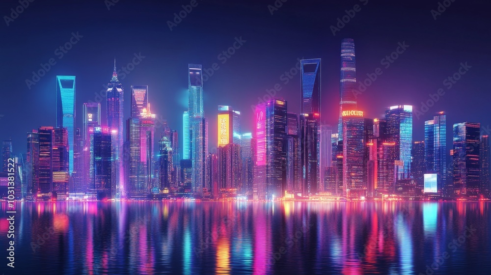A colorful postcard showcasing a city skyline at night, with vibrant lights reflecting off the water, capturing the energy of urban life. A colorful postcard showcasing a city skyline at night, with vibrant lights reflecting off the water, capturing the energy of urban life.