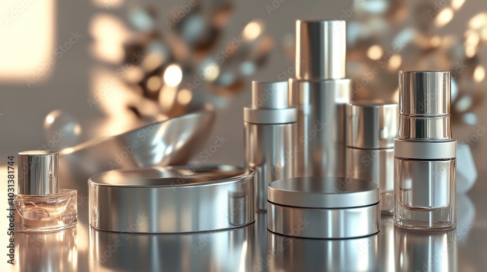 A detailed 3D composition of luxury skin care products in metallic finishes, placed on a reflective surface with soft lighting creating a high-end feel. A detailed 3D composition of luxury skin care products in metallic finishes, placed on a reflective surface with soft lighting creating a high-end feel.