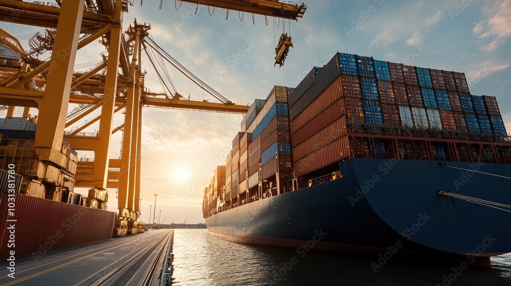 Naklejka premium Cargo ship unloading containers at port during sunset.