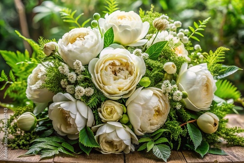 Elegant Floral Arrangement with Classic White Peony, Ivory Rose, and Greenery for Stunning Landscape Photography