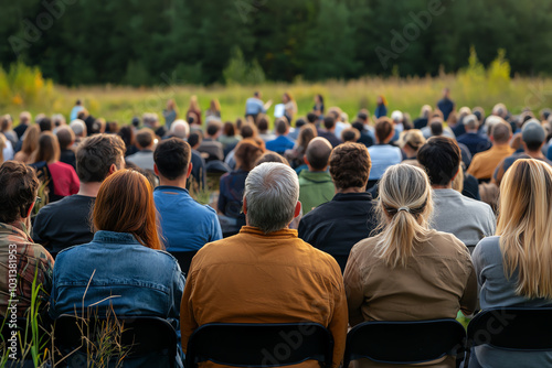 A front view of a public environmental awareness event, where speakers educate people about the importance of preserving natural ecosystems photo