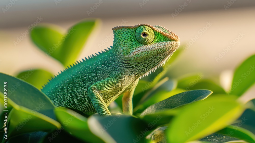 Obraz premium Captivating close-up of a chameleon camouflaged among lush green leaves in nature's bounty showcasing its unique features and coloration