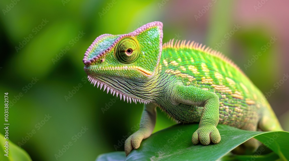 Vibrant green chameleon posing on leaf in lush environment highlighting nature's beauty and reptilian diversity Vibrant green chameleon posing on leaf in lush environment highlighting nature's beauty and reptilian diversity