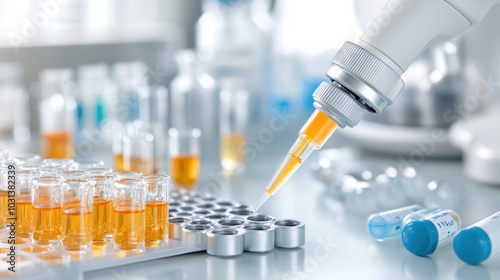 Close-up of a pipette dispensing liquid into test tubes in a laboratory environment, emphasizing precision and scientific research.