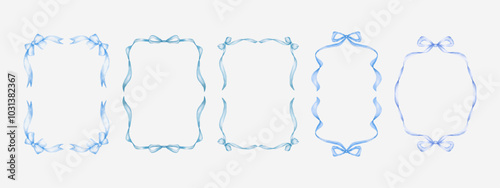 Ribbon Bow frame border set watercolor art style for christmas or valentine banner, invitation, cards.