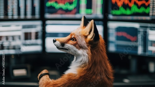 A curious fox engaging with stock market data on multiple monitors displays a unique blend of nature and technology photo