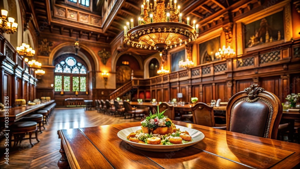 Obraz premium Elegant Food Presentation in Ornate Wooden Courtroom Interior