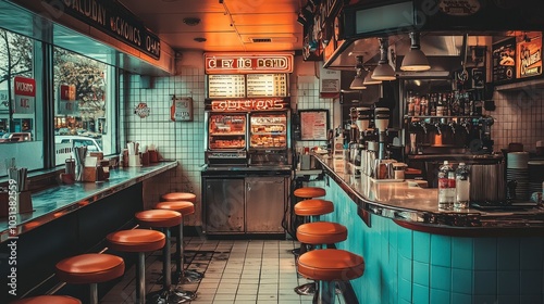 Vintage diner interior with orange stools and retro decor photo