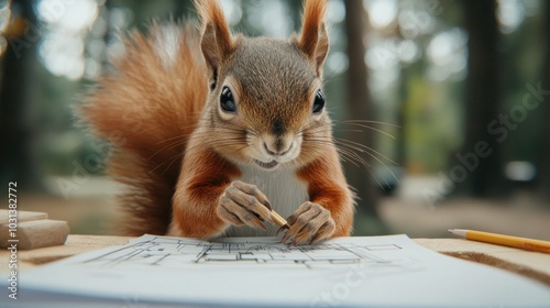 Curious squirrel engaged in creative design a playful encounter between nature and imagination