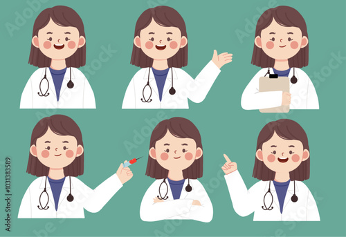 Vector Sticker illustration of a cute doctor with short hair in various poses