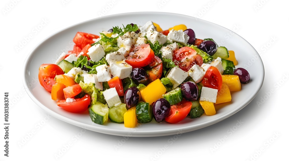 Fresh greek salad on a plate on white background. Fresh greek salad on a plate on white background.