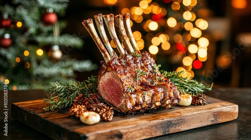 Succulent rack of lamb served on a wooden platter with festive decorations