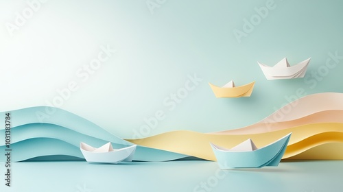 Colorful paper boats sailing on a soft wave background, serene and imaginative.