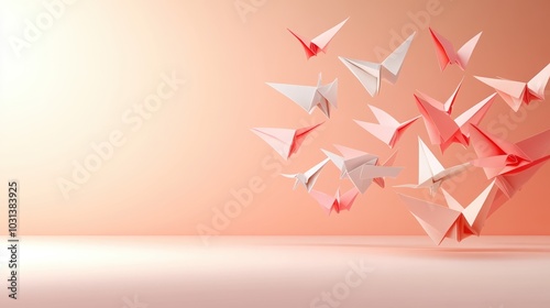 Free Download Colorful paper cranes flying against a soft pastel background. - GFXLoad