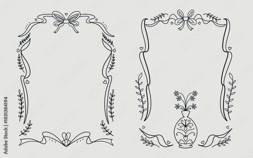 Naklejka premium Floral frame set vintage style with ribbon bow, vase and love element. line art style.