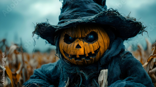 A menacing scarecrow with a...