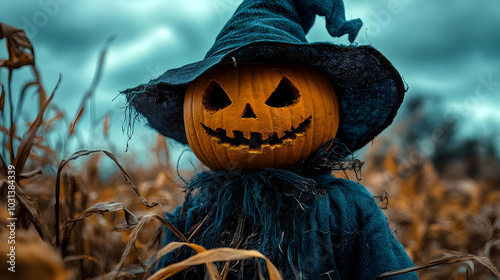 A spooky scarecrow with a c...