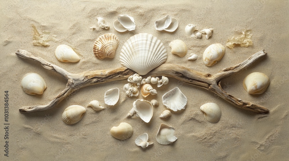 A symmetrical composition of delicate seashells and driftwood arranged on a sandy surface, with soft light creating an ethereal beach scene. A symmetrical composition of delicate seashells and driftwood arranged on a sandy surface, with soft light creating an ethereal beach scene.