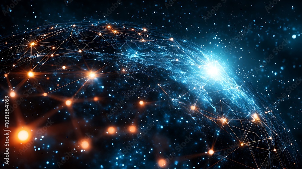 Obraz premium A glowing globe with digital connection lines wrapping around it, symbolizing global data networks, set against a dark background. 