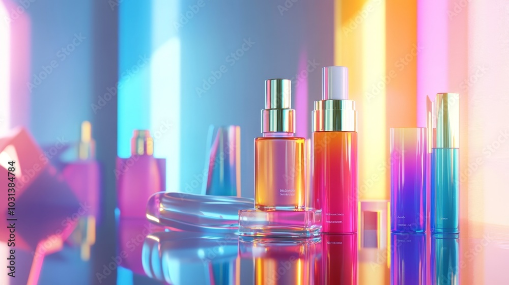 A vibrant 3D scene of skin care products in colorful packaging, displayed on a glossy surface with soft light and reflections enhancing the modern look. A vibrant 3D scene of skin care products in colorful packaging, displayed on a glossy surface with soft light and reflections enhancing the modern look.