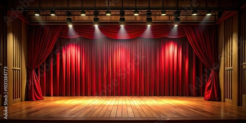 Empty theater stage with spotlight and red curtain