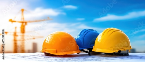 Colorful construction helmets arranged on a blueprint, showcasing safety gear in a bright outdoor setting with cranes in the background. photo