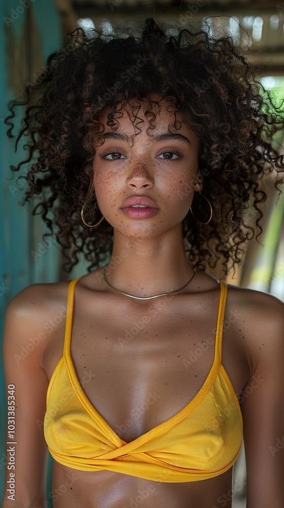 Beautiful Woman in Yellow Top with Curly Hair and Freckles Beautiful Woman in Yellow Top with Curly Hair and Freckles