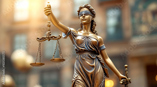 A statue of Justice, blindfolded, holding scales and a sword.