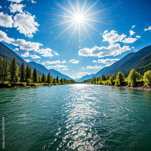 lake in the mountains. landscape with river and blue sky. river flowing in forest with mountain blue sky. river flowing in forest.