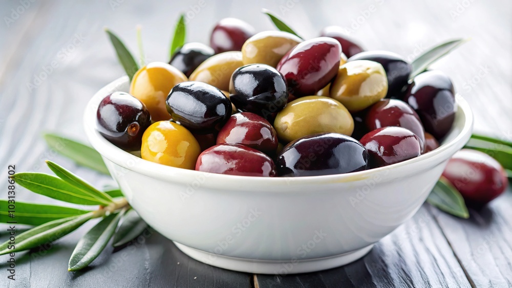Extreme Close-Up olive both black and kalamata in a white ceramic bowl Extreme Close-Up olive both black and kalamata in a white ceramic bowl