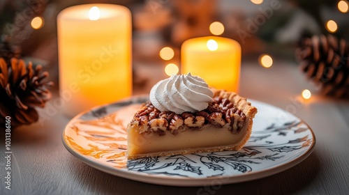 Delicious pecan pie slice with whipped cream and festive candles photo