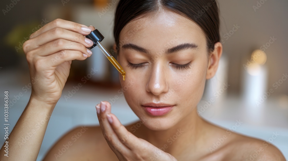 Close-up of woman applying skincare product to her face, relaxed and serene expression Close-up of woman applying skincare product to her face, relaxed and serene expression
