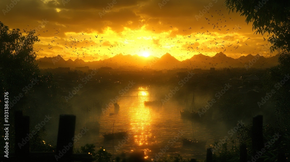 Obraz premium Serene sunset over a river with mountains in the background.